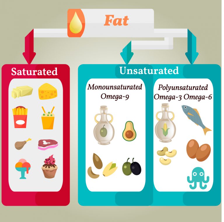 Diagram comparing saturated fats to unsaturated monounsaturated and polyunsaturated fats and their food sources