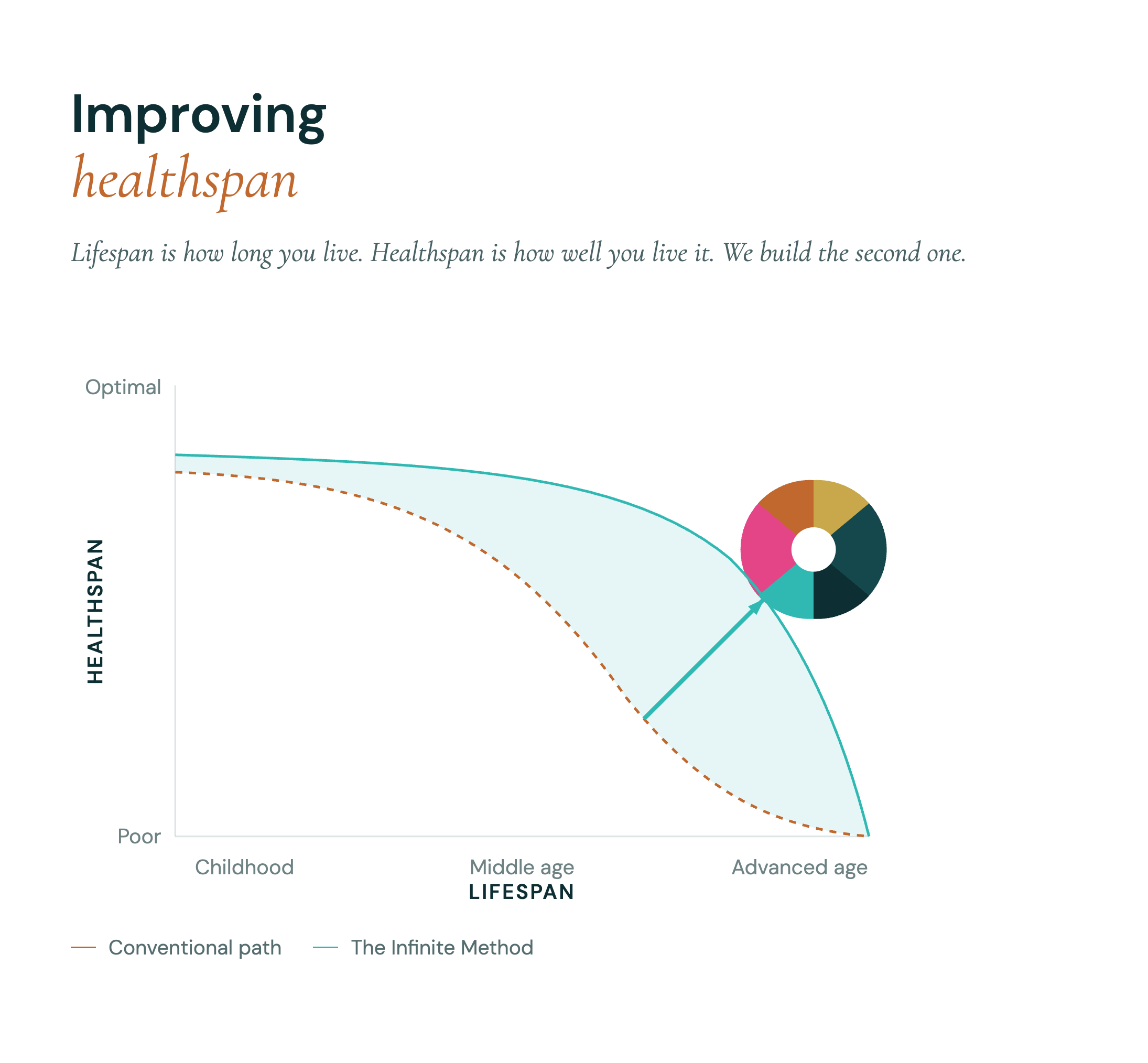 Improving healthspan: chart comparing the conventional path to The Infinite Method across lifespan. Lifespan is how long you live. Healthspan is how well you live it. We build the second one.