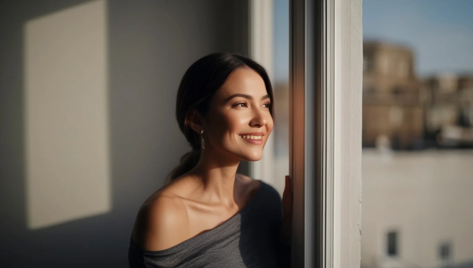 Woman looking out a window with sunlight